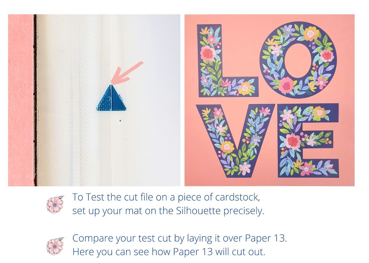 To Test the cut file on a piece of cardstock, set up your mat on the Silhouette precisely. Compare your test cut by laying it over Paper 16. Here you can see how Paper 16 will cut out.